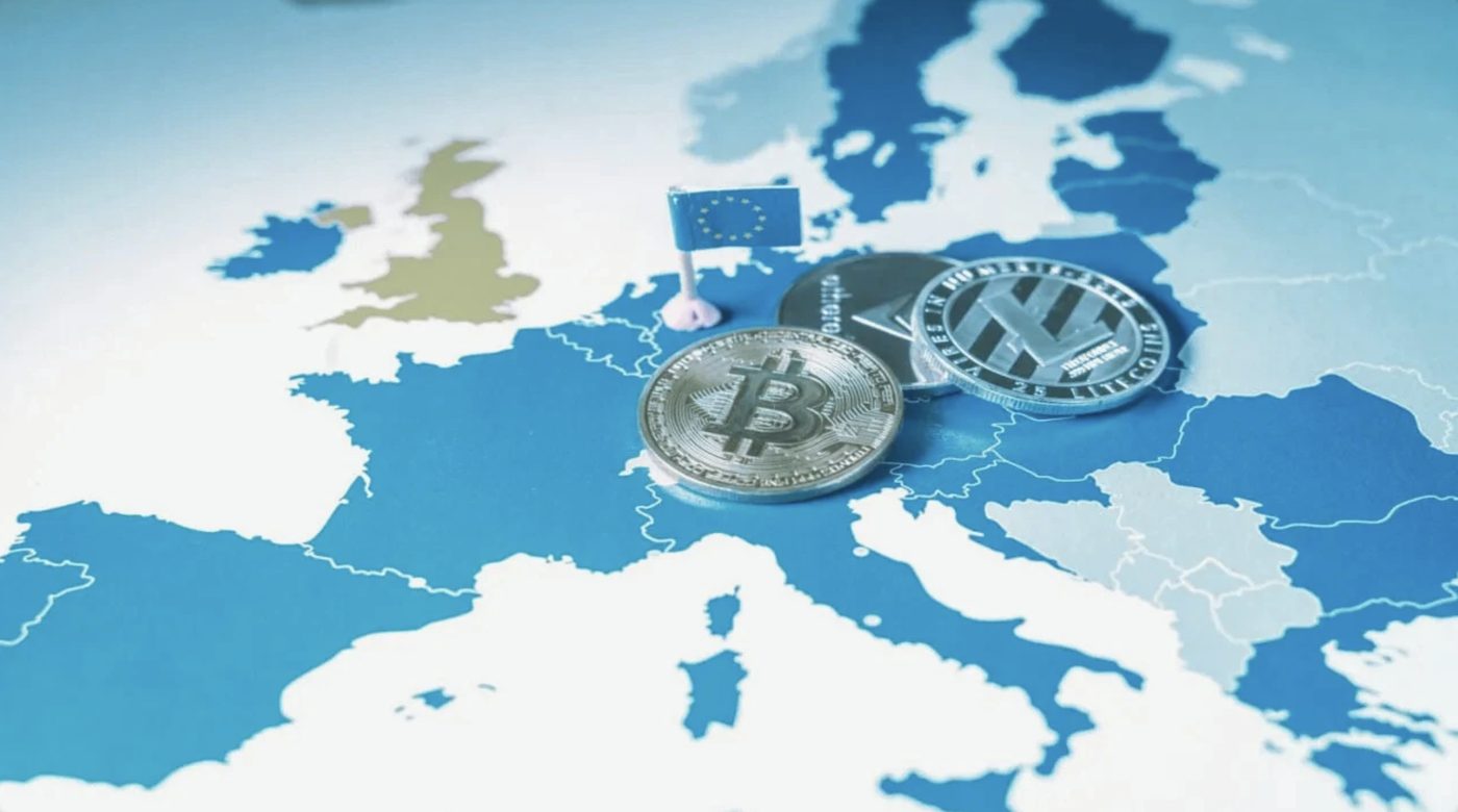 EU map with crypto coins and EU flag — MiCAR jurisdictions